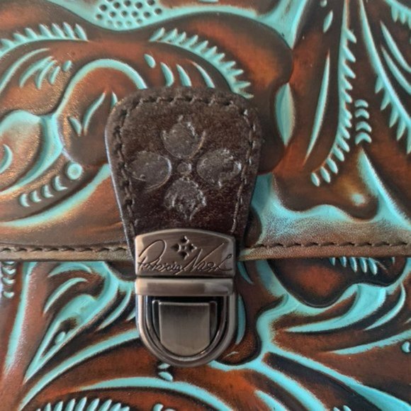 Patricia Nash Locri turquoise brown tooled leather crossbody bag - Picture 2 of 4